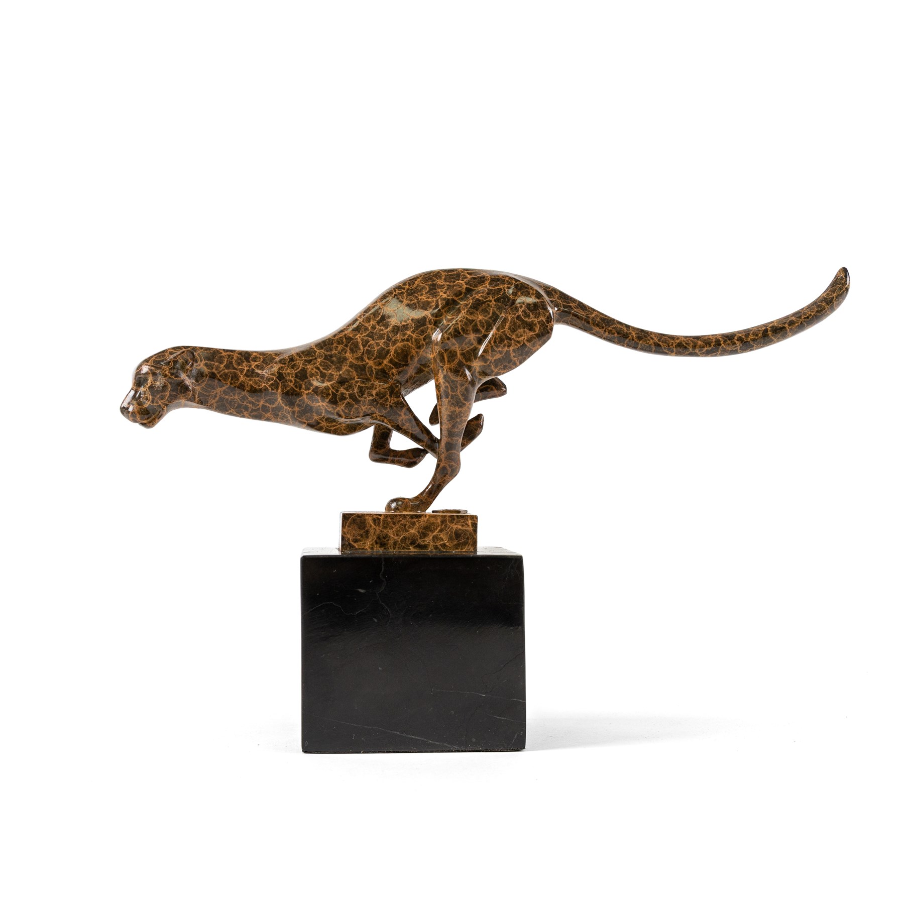 After Milo - Bronze two toned running cheetah, upon a rectangular marble base, with foundry mark, H20cm