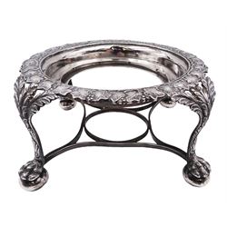 George IV Scottish silver spirit kettle stand, of circular form, the rim embossed with fruiting vines, upon four leaf mounted claw and ball feet, hallmarked William Cunningham, Edinburgh probably 1827, H9cm, D17.5cm