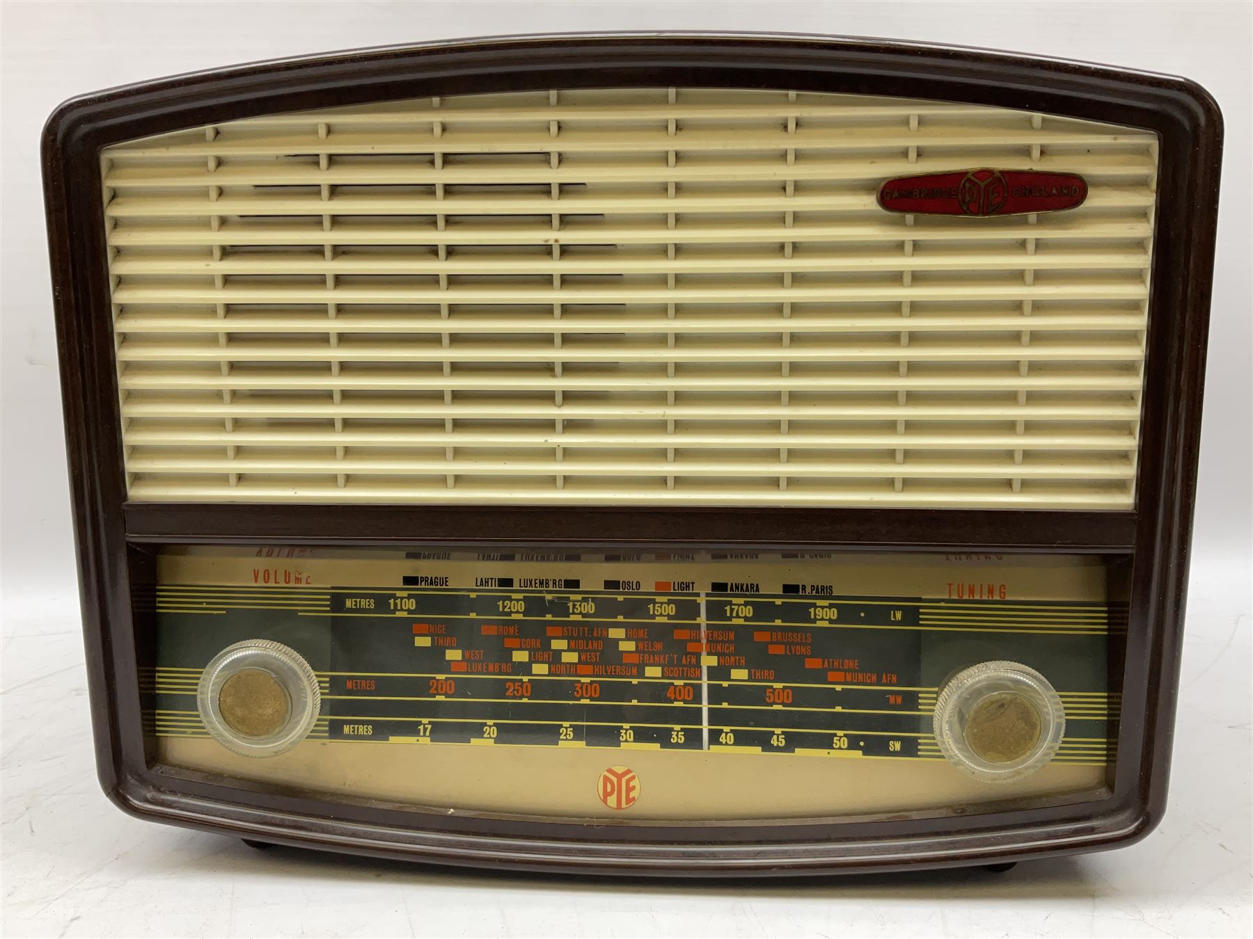 1950s Bush Type DAC 90A valve radio in brown Bakelite case, W29cm D19cm H22cm, two mid-century Ekco radios in Bakelite cases comprising Model U.195 and U.245, and further Pye Bakelite cased radio