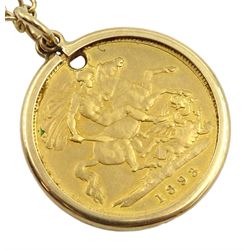 Queen Victoria gold half sovereign coin (holed), loose mounted on 9ct gold chain