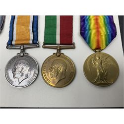 Representative display of five WWI Campaign Stars and Medals to different recipients comprising 1914 'Mons' Star to 13800 Gnr. R. Pexman R.F.A.; 1914-15 Star to TS822 F. Bage T.R. R.N.R.; British War Medal to 90461 Dvr. A.A. Cross R.A.; Mercantile Marine Medal to Patrick J. Magrath; and Victory Medal to 2657 Cpl. W.R. Kenny Norf. Yeo.; all with ribbons (5)