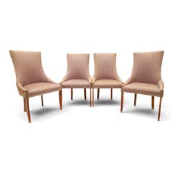 Barker & Stonehouse - cherrywood oval extending dining table and four upholstered chairs, the table with additional leaf extended to cm, raised on a turned column above swept supports, the chairs with brown upholstery and multi-coloured geometric design