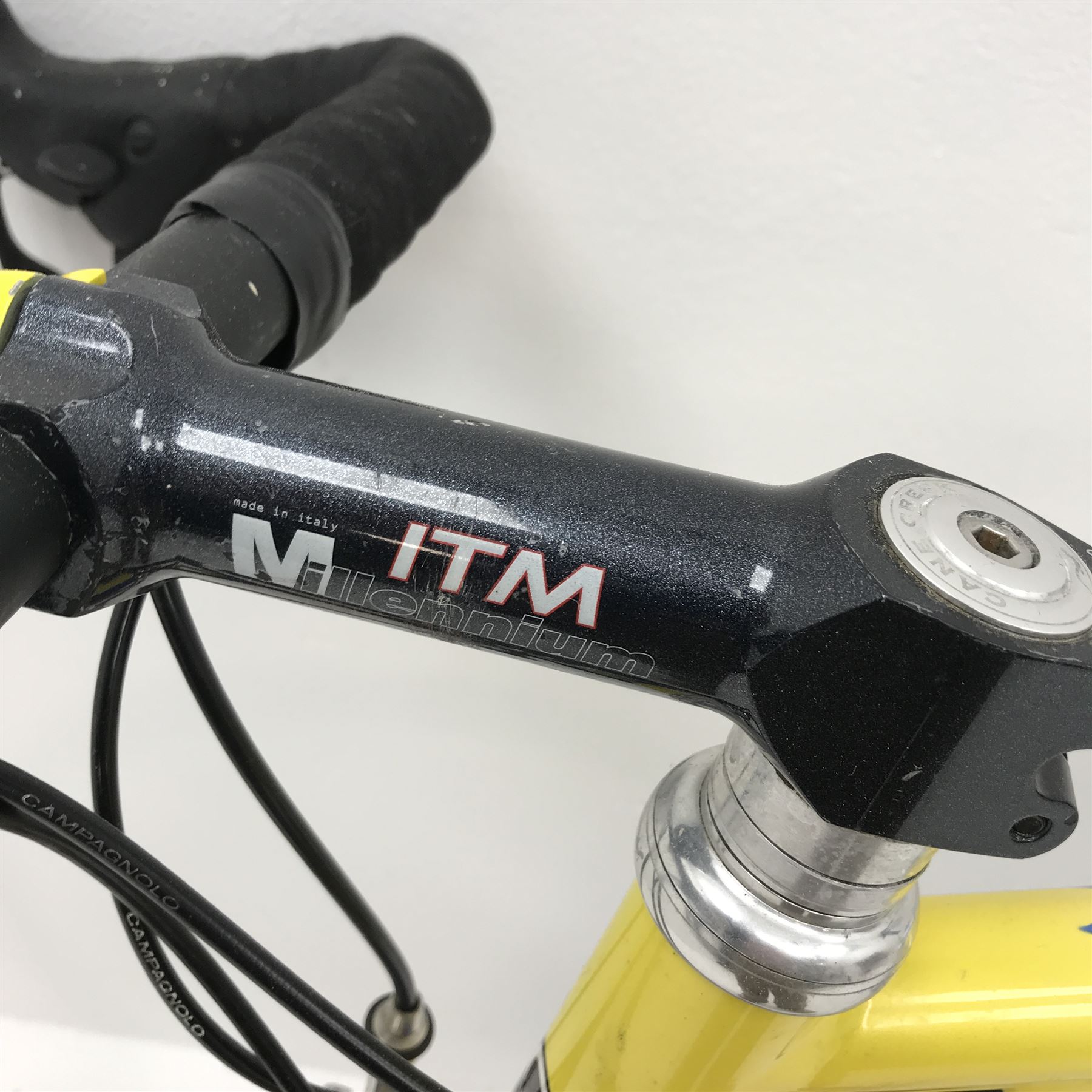 Colnago Dream aluminium time trial bike - Colnago steel forks, Campagnolo chorus carbon seat post with Campagnolo clamp, Mavic open pro rims with Campagnolo chorus hubs DT Swiss spokes, Selle Italia carbonio saddle, Campagnolo centaur skeleton calliper brakes, Campagnolo chorus ultra-torque cracks and bottom bracket with rotor elliptical chain rings, Campagnolo record derailleurs, Campagnolo record carbon levers, 12cm ITM aluminium stem, Oval Concept aluminium bars