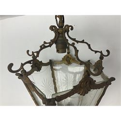 Edwardian floral cast gilt brass hall lantern of tapered pentagonal form, the five glass panels with etched decoration, overall approx L36cm excl chain