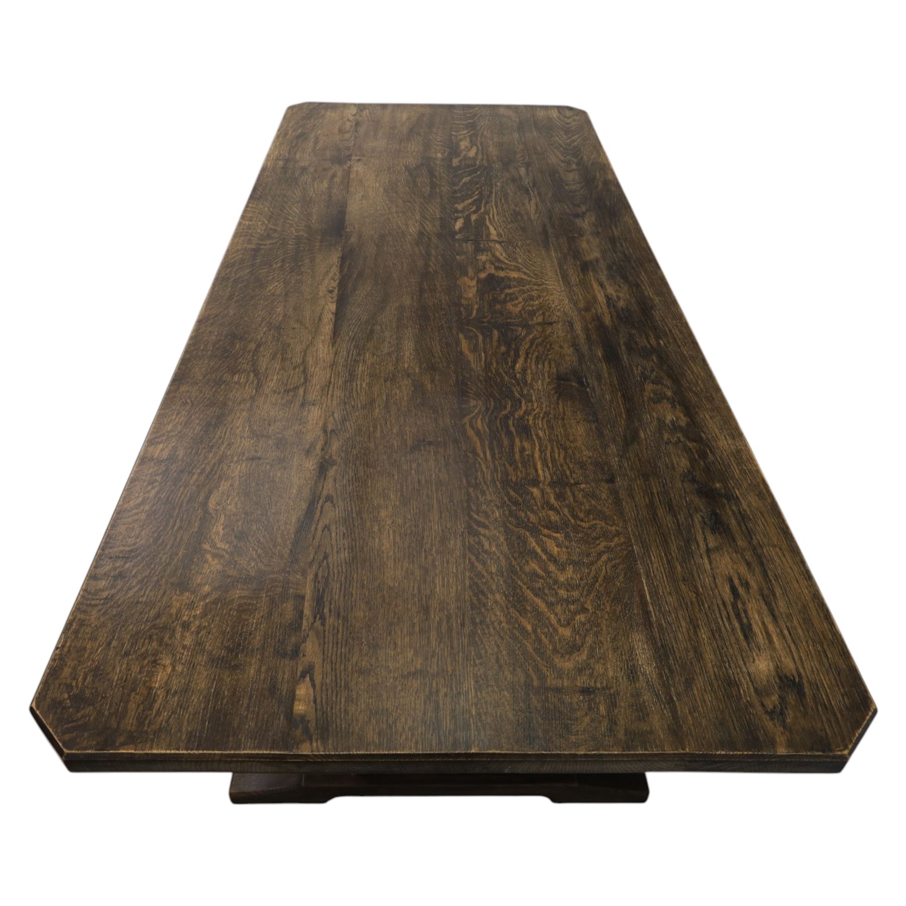 Acorn Industries - country oak kitchen or dining table, rectangular top with canted corners, shaped pedestals with joining pegged stretcher, Acornman signature