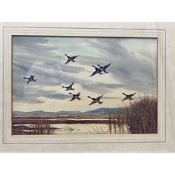 Herbert Henry Hughes Richardson (British 1882-1964): 'Buckler's Hard - Hampshire' and 'Mallard Ducks Rising at Sunset over the North Wales Marshes', two watercolours signed, titled on labels verso 28cm x 42cm and 27cm x 40cm (2)