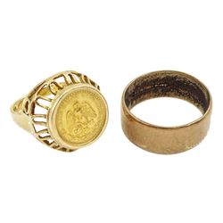 9ct gold wedding band hallmarked and a 9ct gold ring set with a Mexican Dos Pesos coin
