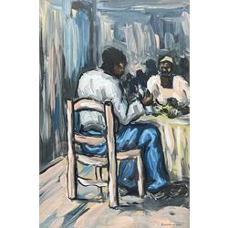 African Impressionist School (Late 20th Century): Figures in a Cafe, oil on board indistinctly signed and dated '96, 37cm x 25cm 
