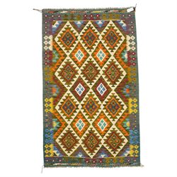 Afghan Maimana flatweave kilim, central field features large bold nested diamond motifs an...