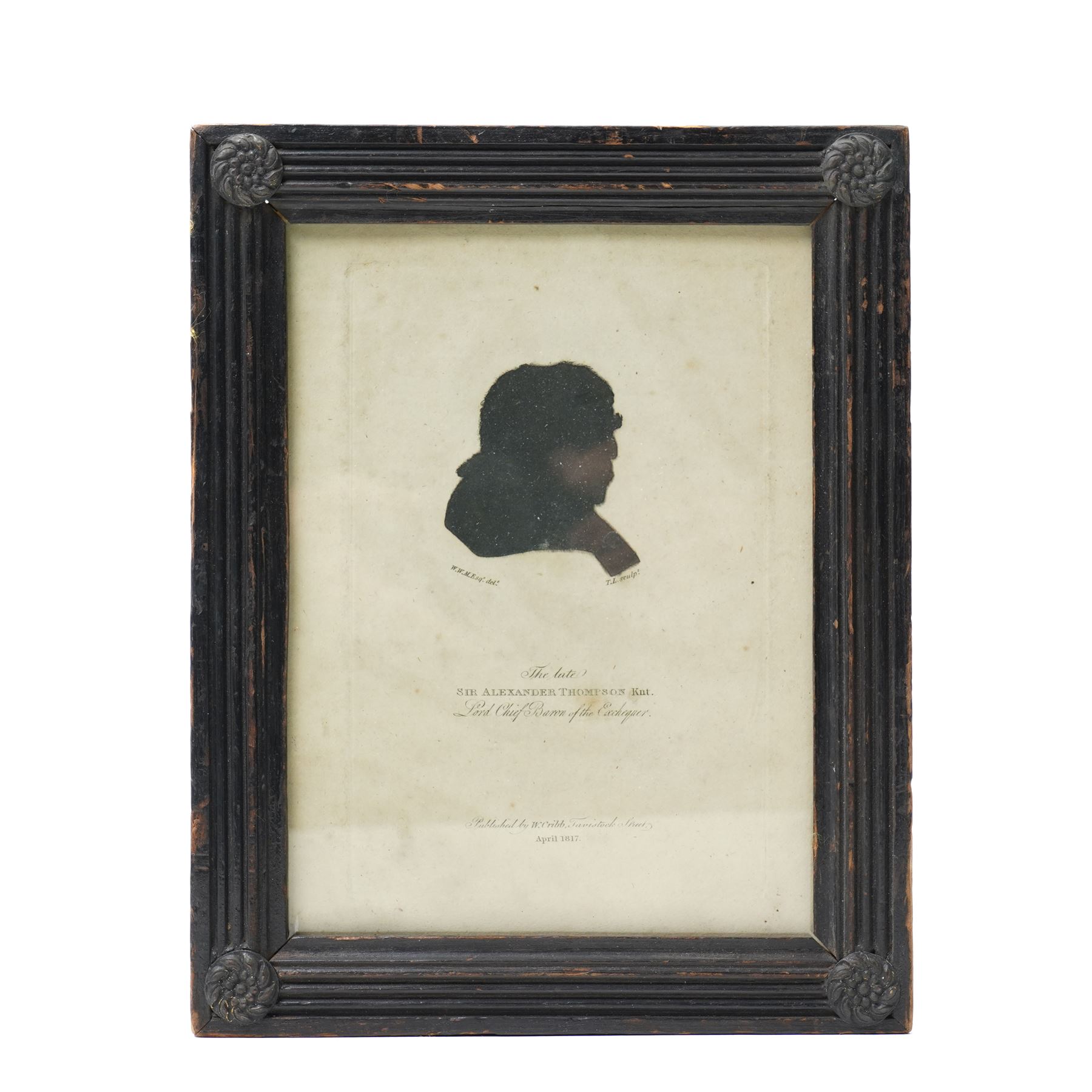 Pair of early 20th century oval male and female silhouette portraits, one indistinctly signed and in ebonised frames 11cm x 8cm, a silhouette of a Victorian lady with gilt highlights and a silhouette of Sir Alexander Thompson by W.W.M Esq, published by W Cribb April 1817 (4)