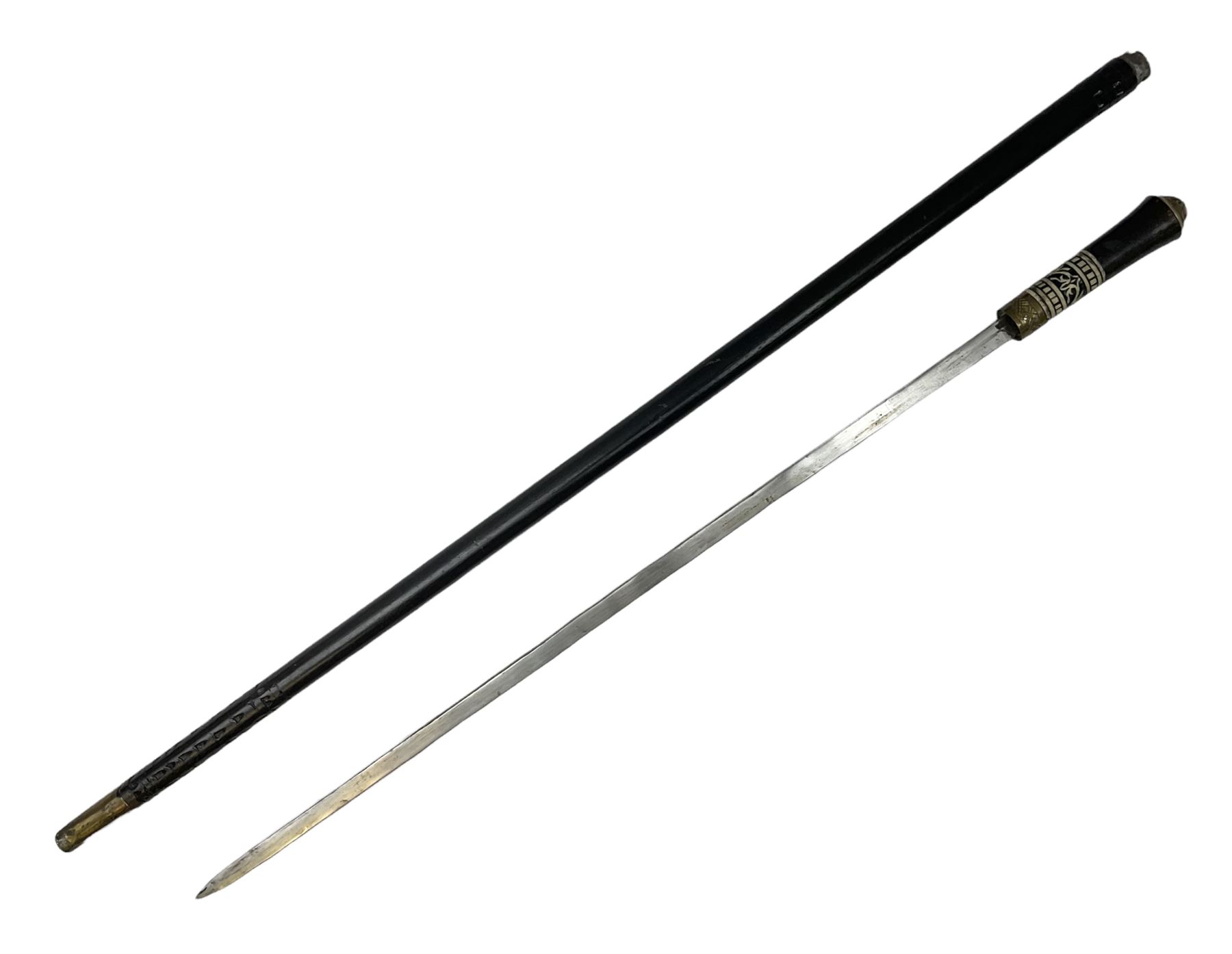 
Late 19th/early 20th century Anglo Indian ebony and bone sword stick with 62cm steel blade, brass locking ferrule and lion mask pommel L92 cm.