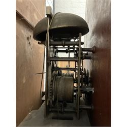 John Cameron & Son of Kilmarnock - late 19th century mahogany longcase clock c1870, with a flat topped pediment and blind frieze beneath, rectangular break arch hood door and sound frets to the hood sides, trunk with canted corners and a convex door with cushion mouldings, on a square plinth raised on turned bun feet, painted dial with a depiction of the abdication of Mary Queen of Scots to the arch and the four regions of the united Kingdom to the spandrels, with Roman numerals, minute track, date and seconds dials and stamped brass hands, dial pinned to a rack striking movement, striking the hours on a bell. With weights and pendulum. 