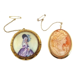  Gold mounted cameo brooch, stamped 9K and Portrait of a lady, Thomas L Mott hand painted brooch  