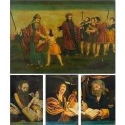 Four mid-19th century reverse glass mezzotints, 'Joseph sold by his brethren to the Ishmae...