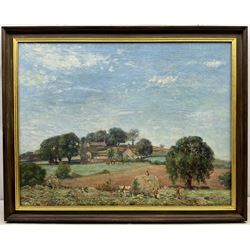 Stanley Royle (British 1888-1961): Harvesting with Cottages Beyond, oil on canvas unsigned 69cm x 90cm