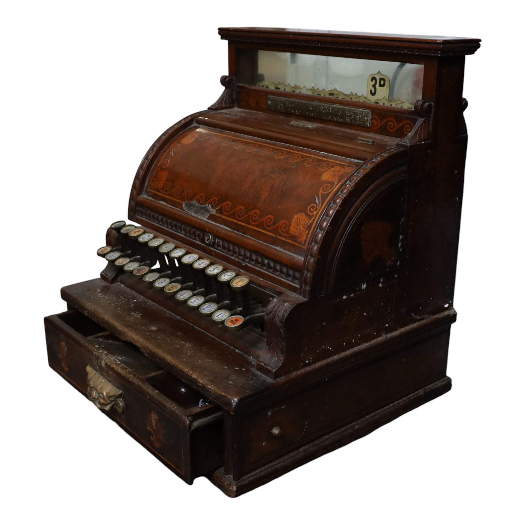 Late 19th Century American cash register in an inlaid walnut case by the National Cash Register Co. Dayton, Ohio USA, H48cm