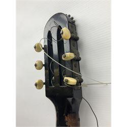 19th century Continental parlour guitar for restoration or display, with maple back and sides,  spruce top, scalloped neck and bone pegs; bears inset plaque to head 'Lapaix Paris 1830' and 'John Eastwood Teacher of the Guitar' paper label with manuscript note 'Fine Old Guitar Restored 1888 by JCB Leeds' L92cm