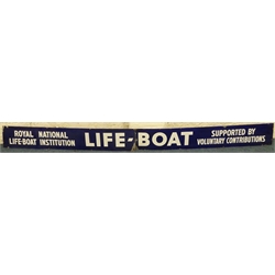  RNLI two piece enamel Lifeboat sign, white lettering on blue ground, approx 367cm x 30cm  