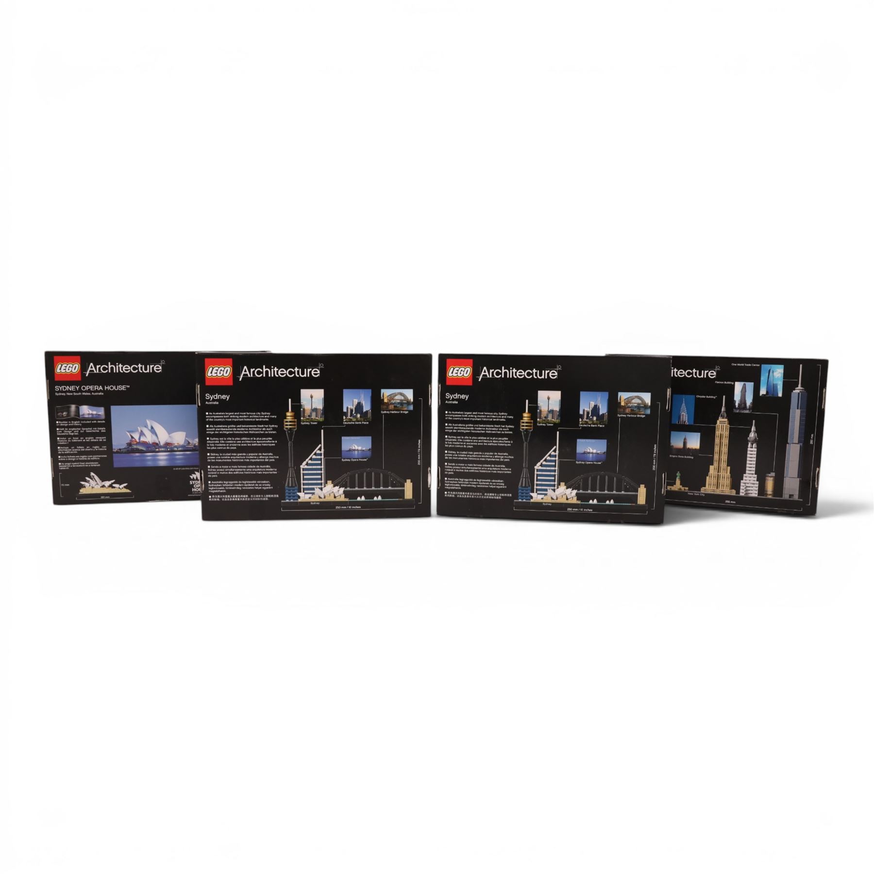 Four Lego Architecture sets, comprising New York City no. 21028, Sydney Opera House no. 21012 and two Sydney sets no. 21032, all boxed, three sealed