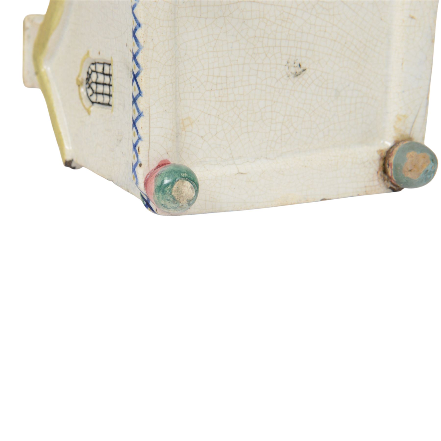 Mexborough Prattware Wesleyan Chapel Money Box, 1848, typically modelled as a chapel with putti to the front corners, on ball feet, inscribed  to the front Emma Sutton Bampton June 18 1848, H17cm, L15cm