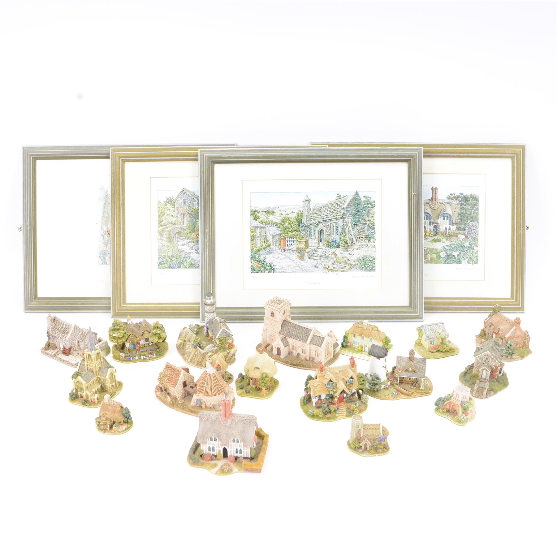Eighteen Lilliput lanes, including Lundy Lighthouse, Bluebell Wood, St Marys, Winsor Cottage etc, all with original boxes and four limited edition Lilliput Lane prints 