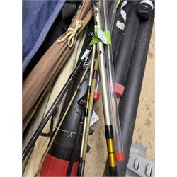 Collection of fishing rods and nets, including Alex Martin Scotia salmon rod, Shakespeare 1650, Allcocks Lucky Strike split cane rod and Chevron Pike 11ft, etc