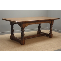  20th century oak refectory dining table, rectangular bread boarded planked top, turned supports with stretcher (199cm x 82cm, H76cm)  