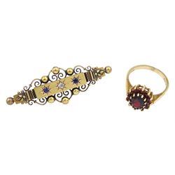 Victorian 15ct gold three stone diamond and sapphire brooch, Birmingham 1900 and a 9ct gold garnet cluster ring, London 1967