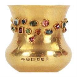 Small modern 22ct gold vase, the body waisted bellied form with planished finish, set with bezel set multi-gemstone cabochons, including topaz, garnet and tourmaline, hallmarked Sarah Jones, London 2002, also marked 916, H5.5cm

