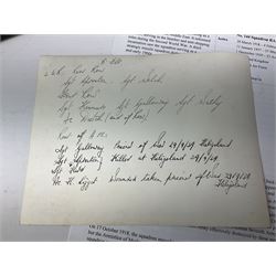 144 Squadron RAF - album containing over one hundred photographs and postcards of varying sizes including group shots, aircraft on the ground and in the air, German aircraft, crashes etc; sizes from 3.5 x 6cm to 16 x 21cm; and quantity of modern reference material
