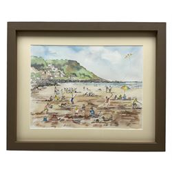 Penny Wicks (British 1949-): 'Fun on the Beach at Runswick Bay', watercolour and ink signed, titled on label verso 29cm x 39cm