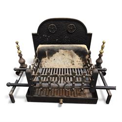 Victorian cast iron fire grate with Yorkshire Rose decoration, with guard and tools