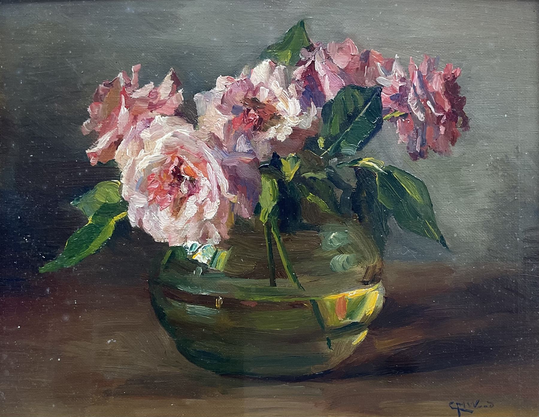 Catherine Martha Wood (British 1857-1939): Still Life of Roses, oil on board signed 17cm x 22cm