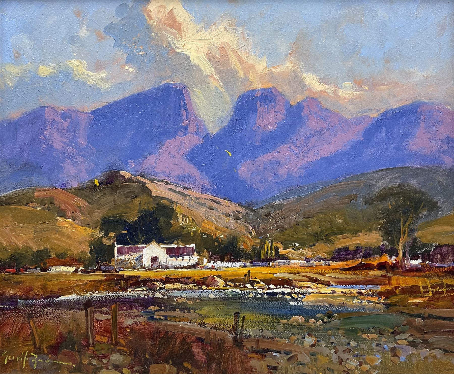 Gerrit Roon (South African 1937-2017): Mountainous Landscape, oil on board signed 24cm x 29cm
