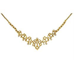 Edwardian 15ct gold split seed pearl necklace, the central heart suspending a detachable 18ct gold star pendant/brooch, to a floral link front, on a belcher link chain, in silk and velvet lined box by J. W. Benson, London