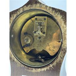 Edwardian inlaid mahogany mantel clock, pointed onion top and circular white enamel Roman dial signed 'Elkington', on brass feet 