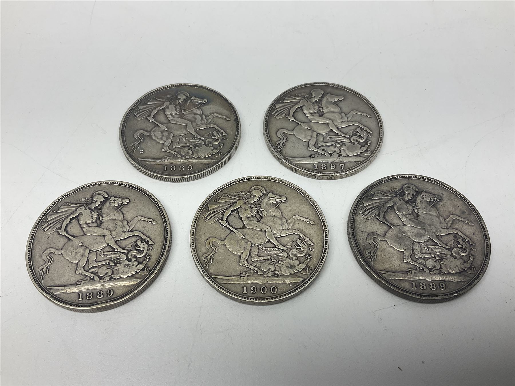 Five Queen Victoria crown coins, dated three 1889, 1897 and 1900 (5)