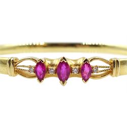 Gold diamond and marquise pink stone hinged bangle by Colombian Emeralds International, stamped 14K, boxed