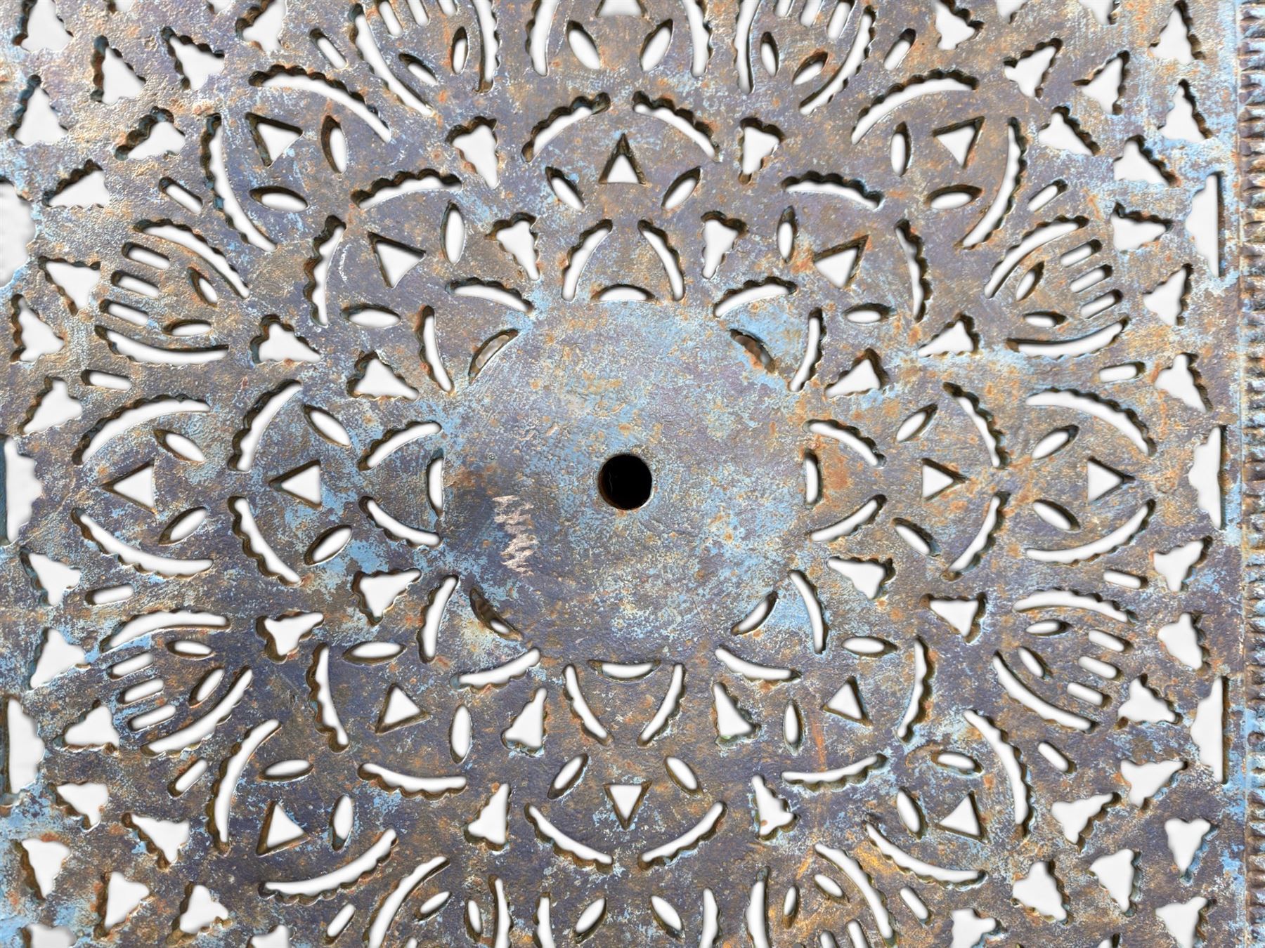 Victorian revival ornate cast iron garden table, pierced square top, pedestal base, finished in distressed blue paint