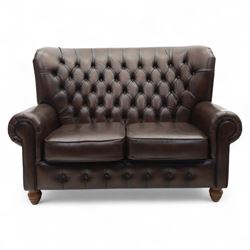 Thomas Lloyd  - two-seater settee, brown leather,  button upholstered back, cushion seats, and wide scrolled arms, raised on bun feet