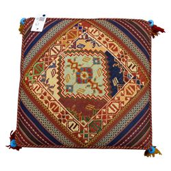South West Persian Qashqai stool, square flatwoven top with central geometric medallion enclosed within a stepped border the sides decorated with striped bands of geometric motifs with tasselled corners 