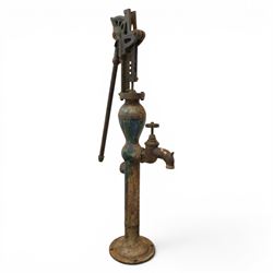 Early 20th century cast iron floor standing water pump, cylindrical column with bulbous ch...