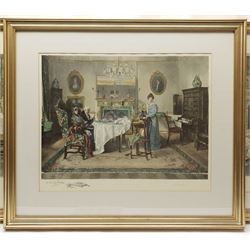Walter Dendy Sadler (British 1854-1923): Victorian Interior Scenes, set three hand-coloured engravings signed by the artist and engraver in pencil 41cm x 52cm (3)