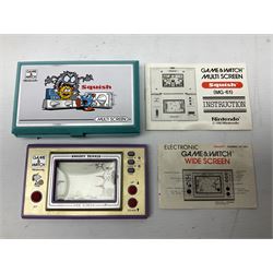 Collection of retro handheld games, including Nintendo Game & Watch ‘Snoopy Tennis’ (1982) and ‘Squish’ (1986) both with instruction booklets, Casio CG-600 ‘Star Invader’ with box, 3 in 1 LCD cartridge game including ‘Soccer’, ‘Invader’ and ‘Bomb Finder’ games, and two Grandstand ‘Pinball Wizard’ (1988) games, both with original boxes