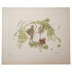 Joan Miro (Spanish (Catalan) 1893-1983): 'Tracé sur l'Eau' (Green), limited edition etching and aquatint on Rives BFK paper, signed and numbered 53/100 in pencil 29cm x 35cm (unframed)