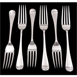 Set of six Edwardian silver Hanoverian pattern dessert forks, each with engraved initial to terminal, hallmarked Walker & Hall, Sheffield 1910