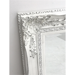 *Rectangular ornate framed mirror, distressed white paint finish, bevelled plate, 75cm x 95cm