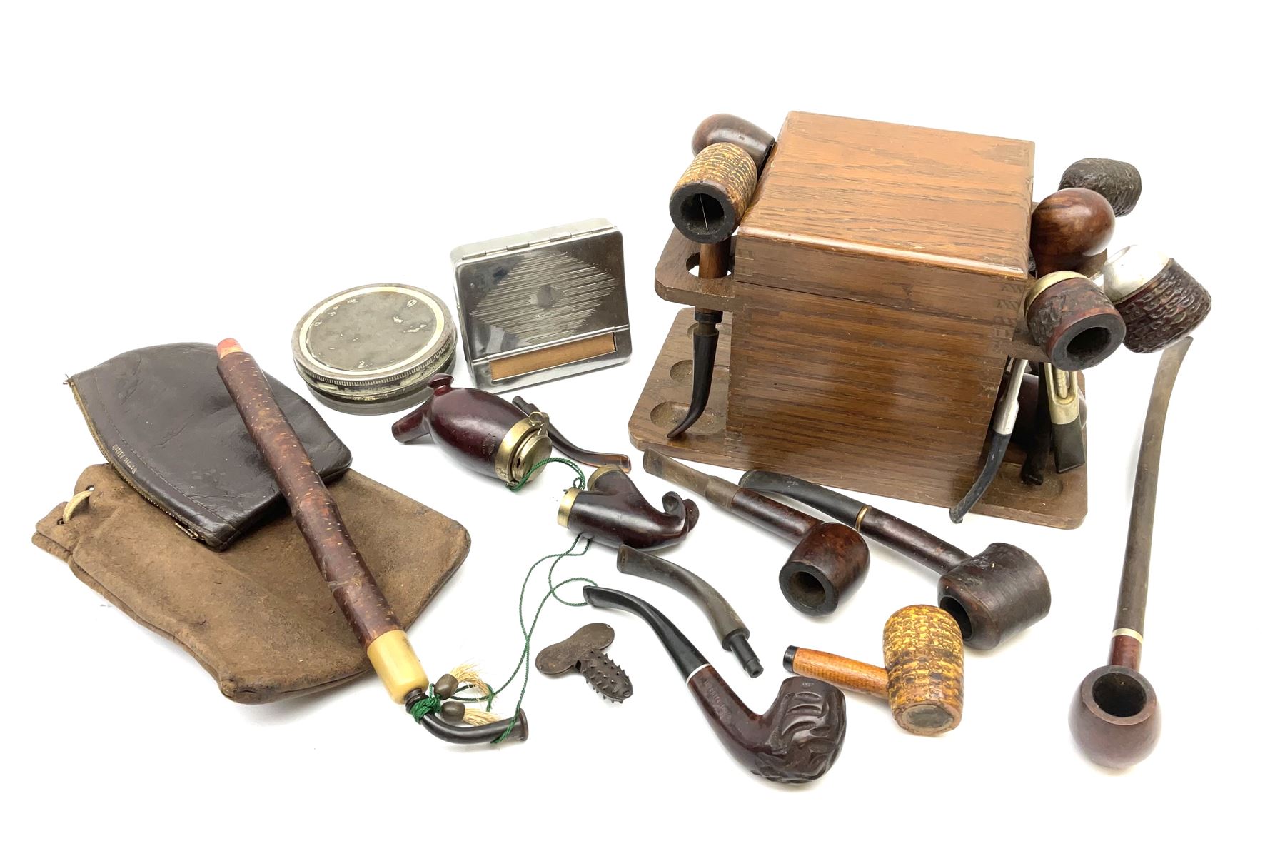 Vintage pipes and smoking related items including 'Falcon' and 'Dr Grabow' pipes, small wooden pipe rack/box and other related items