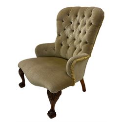 Victorian style mahogany and beech bedroom chair, upholstered in buttoned fabric, on acanthus carved supports with ball and claw feet