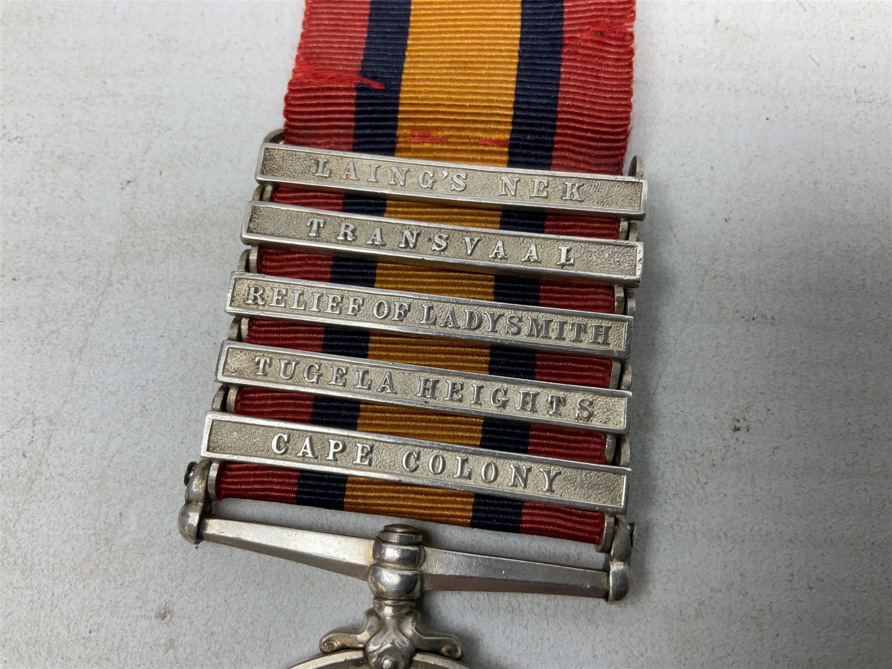 Queens South Africa Medal with five clasps for Laing's Nek, Transvaal, Relief of Ladysmith, Tugela Heights and Cape Colony awarded to 25767 Sapr. J. Hawke R.E. with ribbon